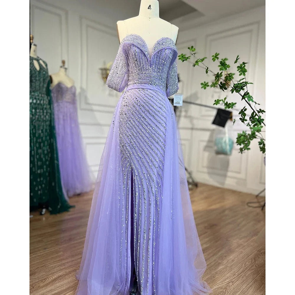 Zapdress Customized Turquoise Off Shoulder Mermaid Beaded Evening Dresses Overskirt Split Party Gowns for Women rts (ZD17345)