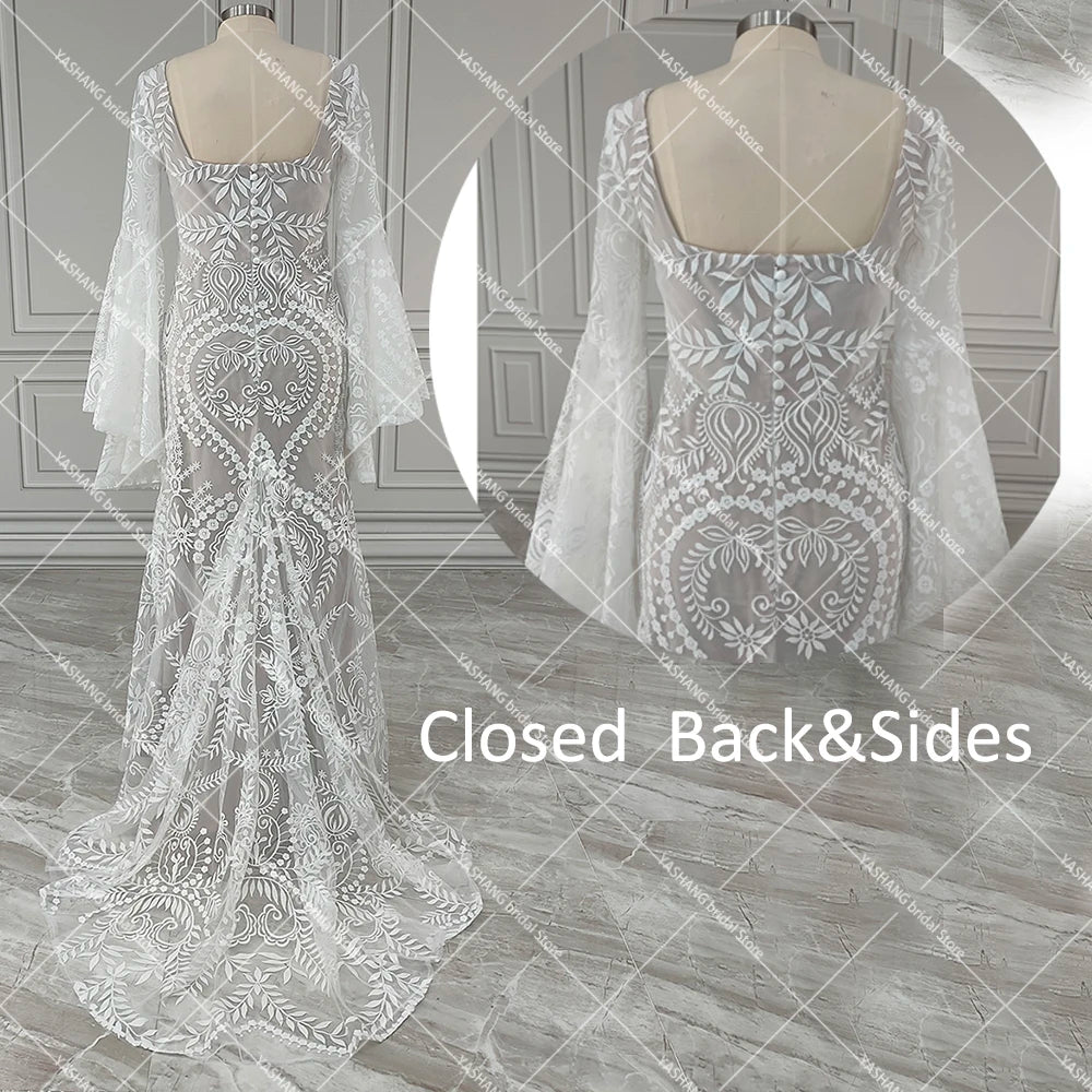 Boho Long Batwing Sleeves Lace Wedding Dress Drop Ship Customized Mermaid Rustic Beach 2026 Square Neck Open Back Bridal Gowns