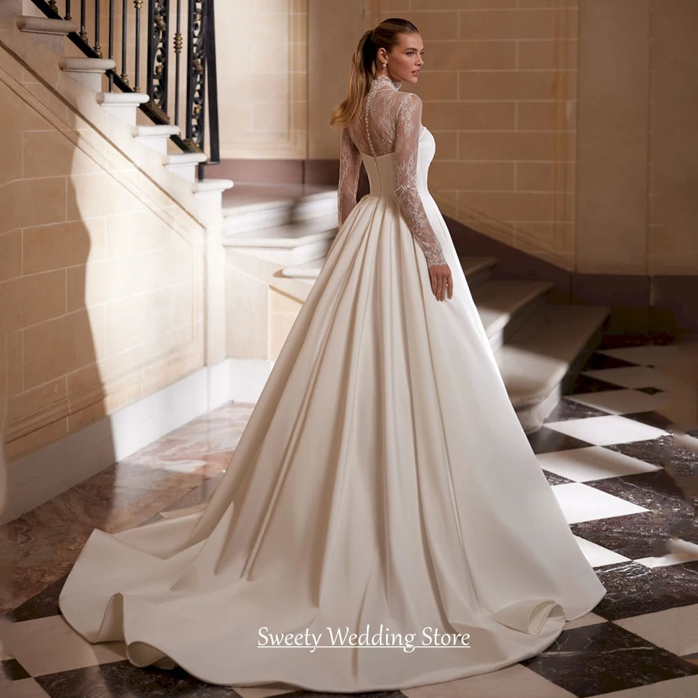 Customized Wedding Dress Vestido De Noiva Fashion High Neck Long Sleeves Top Lace Satin Bridal Gown Sweep TrainRobe Mariee