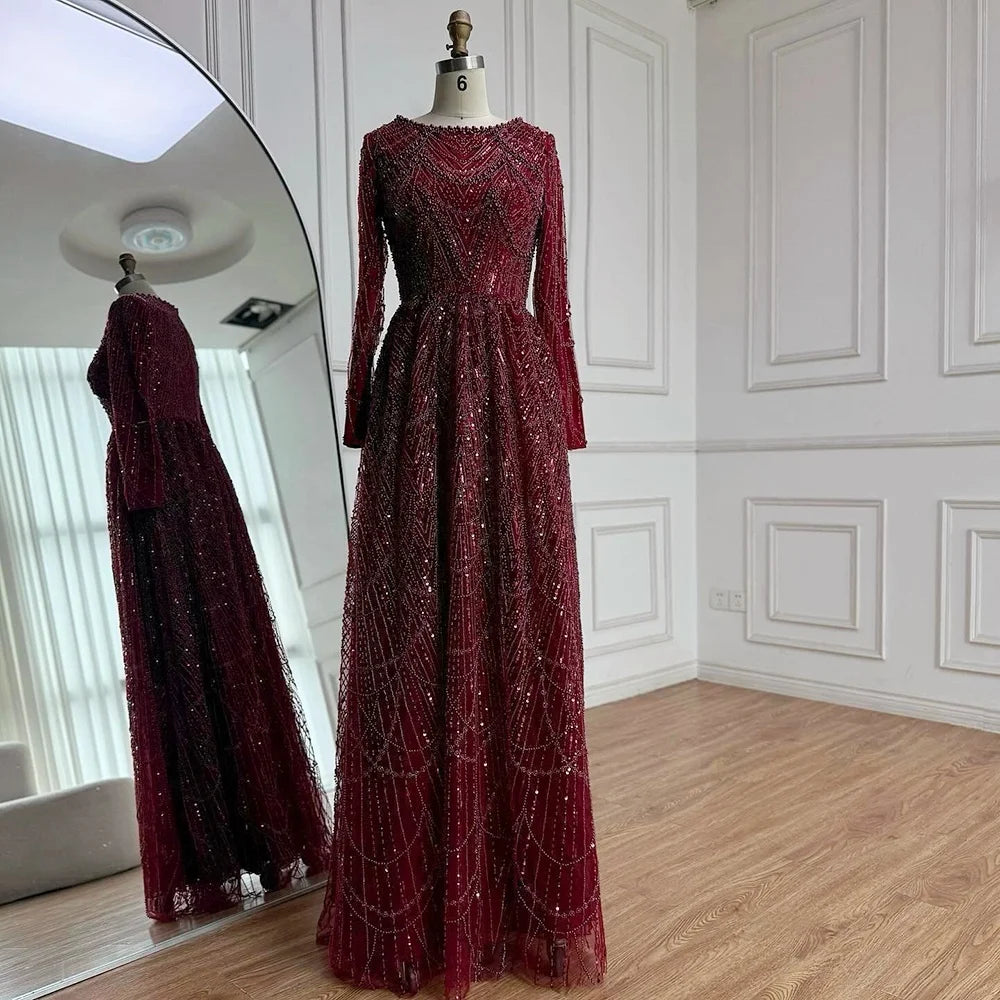 Zapdress Wine Red Long Sleeves Muslim A-line Evening Dress Pearls Beaded Party Gowns for Women Plus Size Customized DLA72738B (ZD17339)