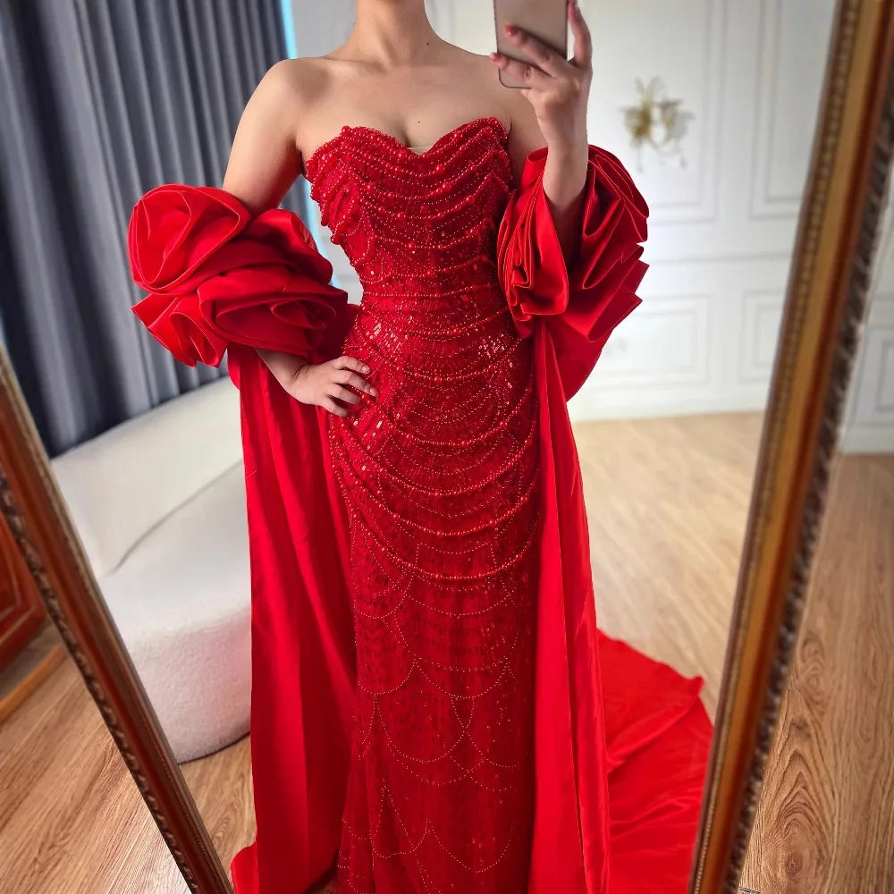 Zapdress Red Strapless Mermaid Pearls Beaded Evening Dresses with Long Cape Wedding Party Gowns 2025 DLA72585A Customized (ZD17356)