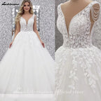 ZapDress V-Neck Wedding Dress with Beads Tassel Shoulders Illusion Long Bridal Dresses Lace Up Back Customized