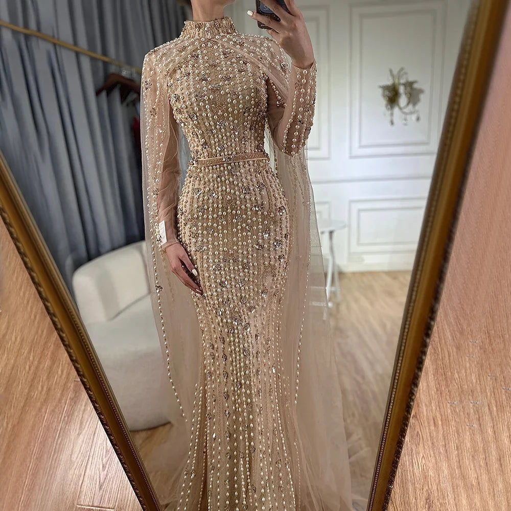 Dubai Grey Mermaid Cape Sleeves Pearls Beaded Elegant Evening Dresses Gowns 2025 Wedding Party DLA72372 Customized (ZD17362)