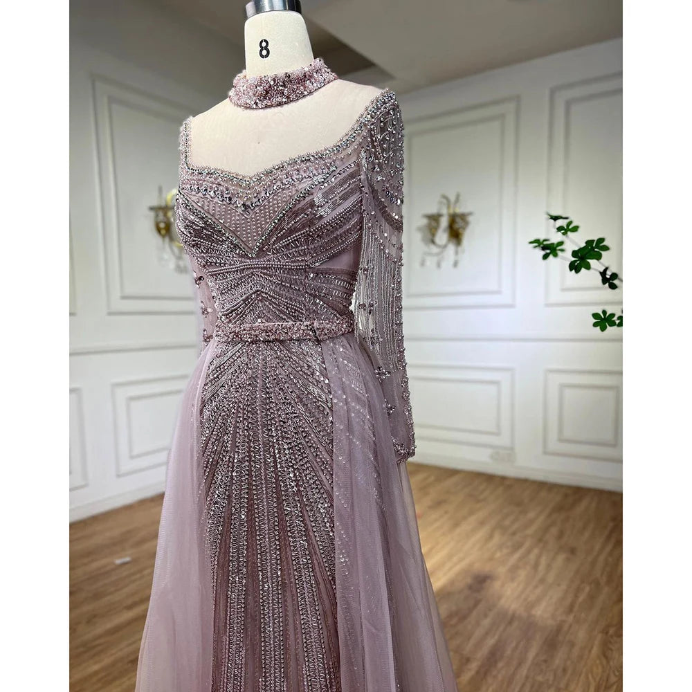 Zapdress Customized Nude Long Sleeves Beaded Mermaid Dubai Evening Dresses 2025 Muslim Party Gowns for Veiled Women (ZD17327)
