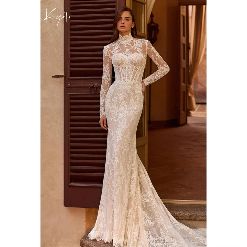 Kyoto Customized Ivory High Neck Lace Wedding Dress Backless Detachable Sleeves vestidos de noche Mermaid robe de mariée 2026