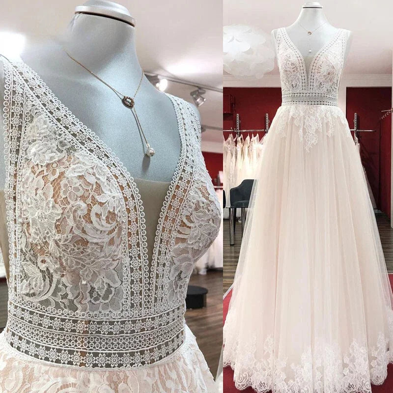 ZapDress Boho Champagne Wedding Dresses Lace Appliques V Neck Sleeveless Sweep Train Bridal Dress Customized