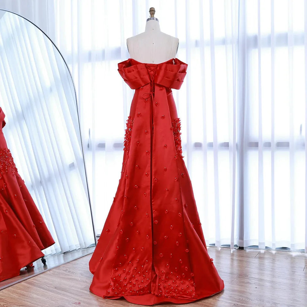 Zapdress Customized Elegant Red Off-Shoulder Evening Gowns with Floral Satin Arabic Party Prom Dress for Women (ZD17365)