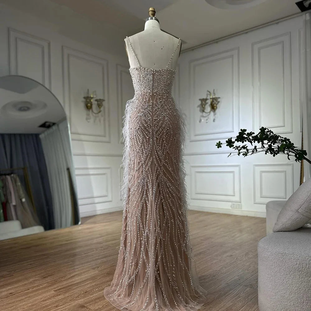 Zapdress White Nude Spaghetti Strap Feathers Beaded Mermaid Evening Dress Party Gown for Women DLA72823 Customized (ZD17377)