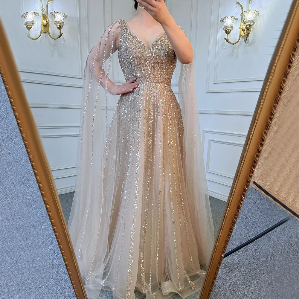 Zapdress Customized Pink A-Line Cape Sleeves Luxury Beaded Evening Dresses Party Gowns 2025 For Women Wedding (ZD17346)