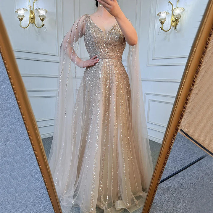 Serene Hill Customized Pink A-Line Cape Sleeves Luxury Beaded Evening Dresses Party Gowns 2025 For Women Wedding DLA71567