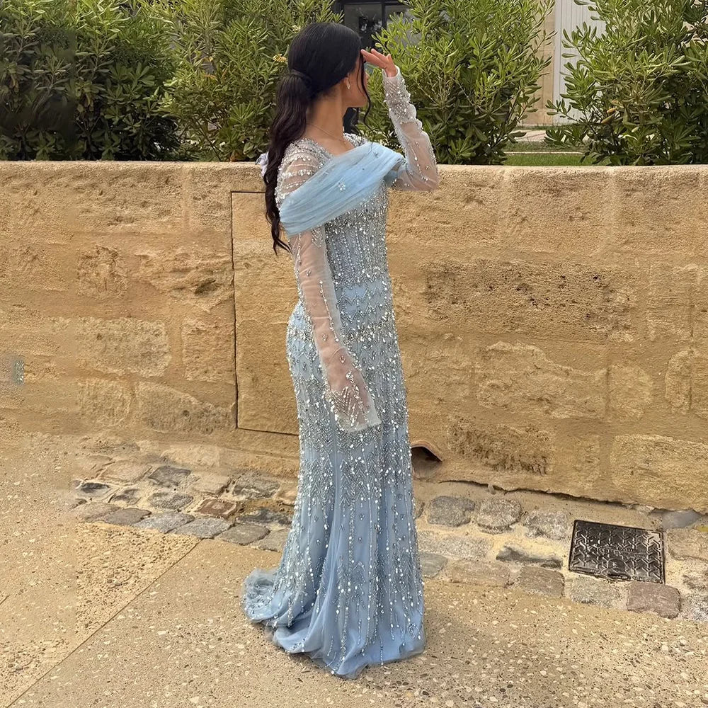 Zapdress Blue Mermaid Beaded Evening Dresses with Detachable Sleeves Elegant Party Gowns for Women DLA72714 Customized (ZD17361)