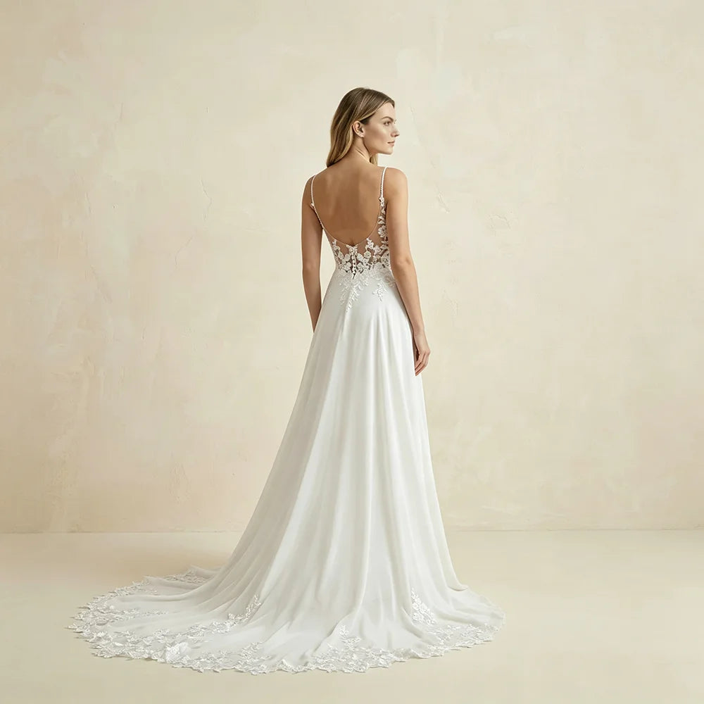 Women's Spaghetti Straps Deep V Backless Wedding Dresses Lace Appliques Chiffon Bridal Gown with Train Elegant Boho Bride Dress