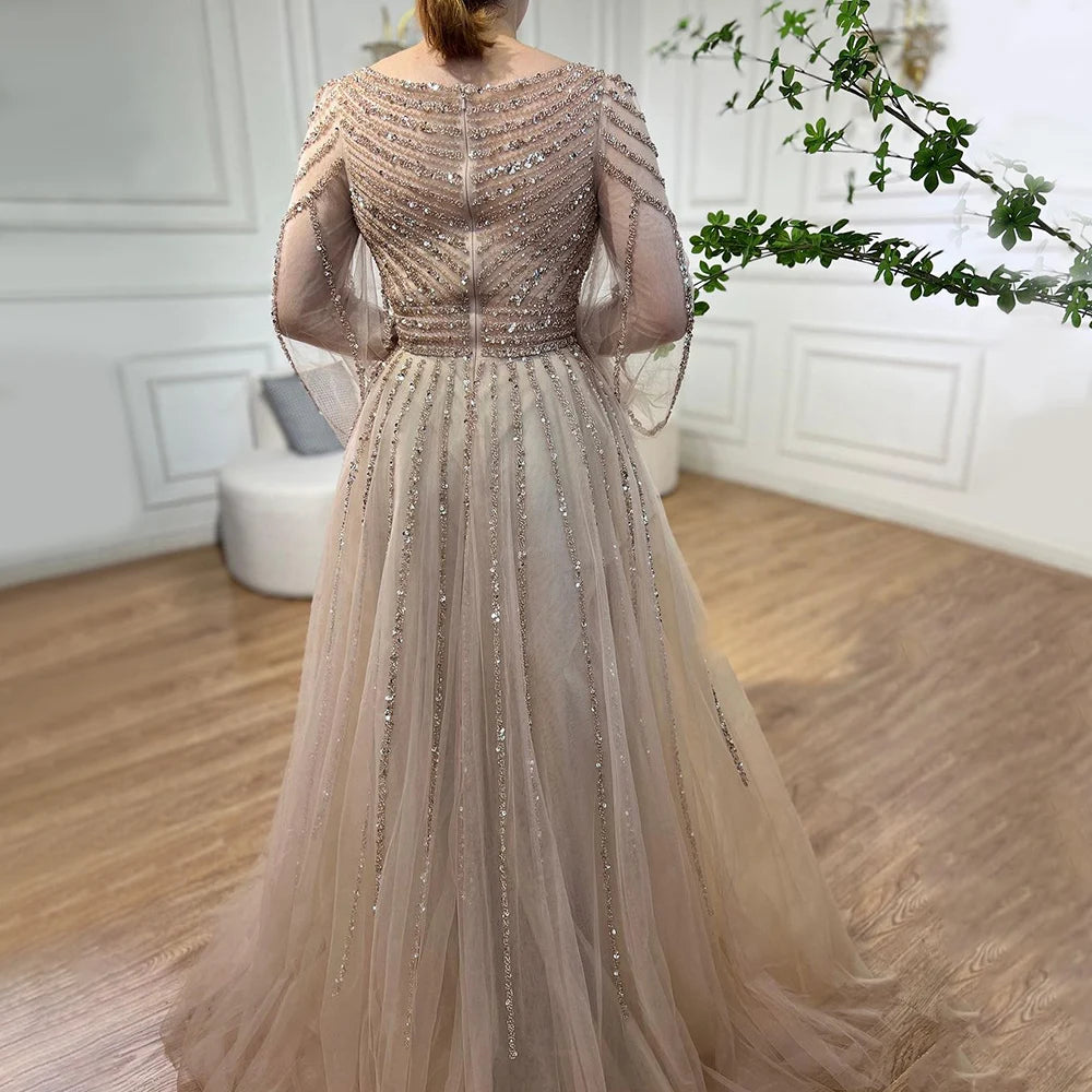 Zapdress Customized Navy Long Sleeves A-Line Beaded Arabic Evening Dresses Gowns 2024 For Women Wedding Party (ZD17328)