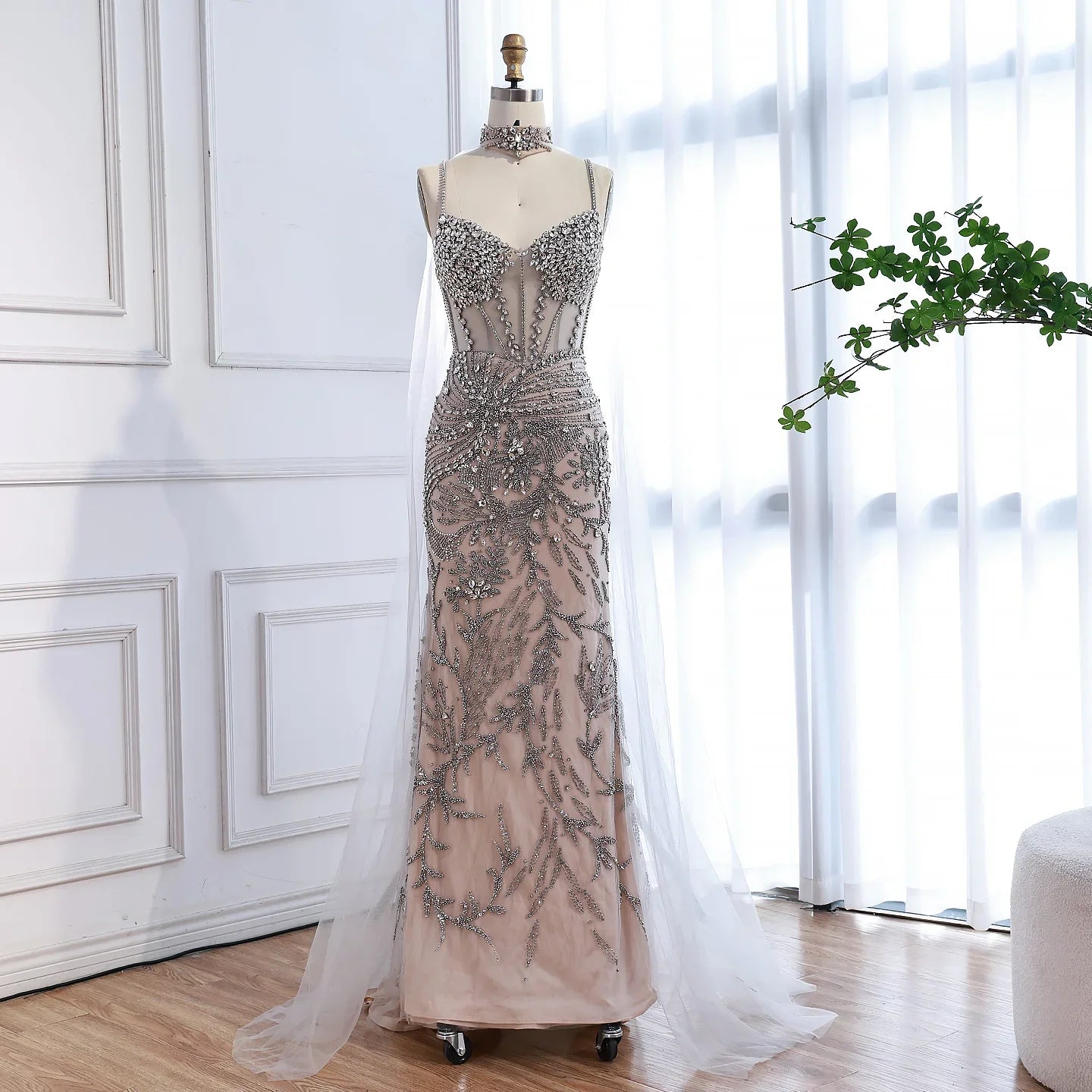 Zapdress Silver Nude Mermaid Beaded Evening Dress with Cape DLA73342 Wedding Party Gowns for Women 2026 Customized (ZD17344)