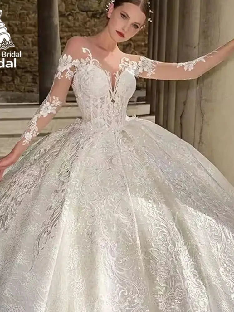 Aurora Customized Princess Vintage Puffy A Line Wedding Dress With Lace Appliques Long Sleeves Bridal Gowns Robe De Marie