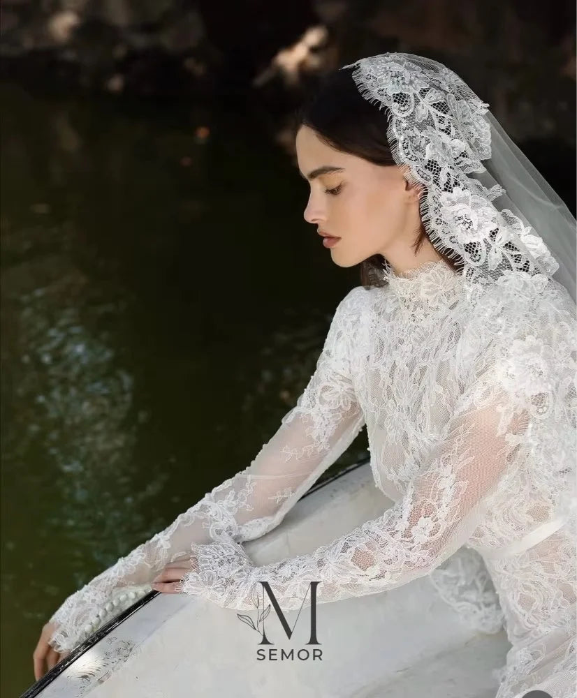 Semor Exquisite Lace High Neck Full Sleeve Wedding Dress Customized 2026 Trumpet Lace Applique Long Robe De Mariée Sweep Train