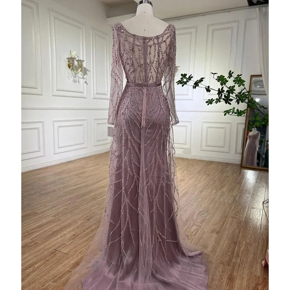 Zapdress Customized Pink Long Sleeves Mermaid Split Beaded Two Pieces Evening Dresses 2025 Party Gowns For Women (ZD17350)