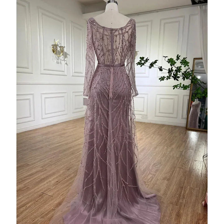 Serene Hill Customized Pink Long Sleeves Mermaid Split Beaded Two Pieces Evening Dresses 2025 Party Gowns For Women DLA71917