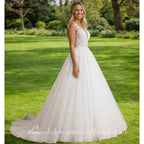 ZapDress V-Neck Wedding Dress with Beads Tassel Shoulders Illusion Long Bridal Dresses Lace Up Back Customized