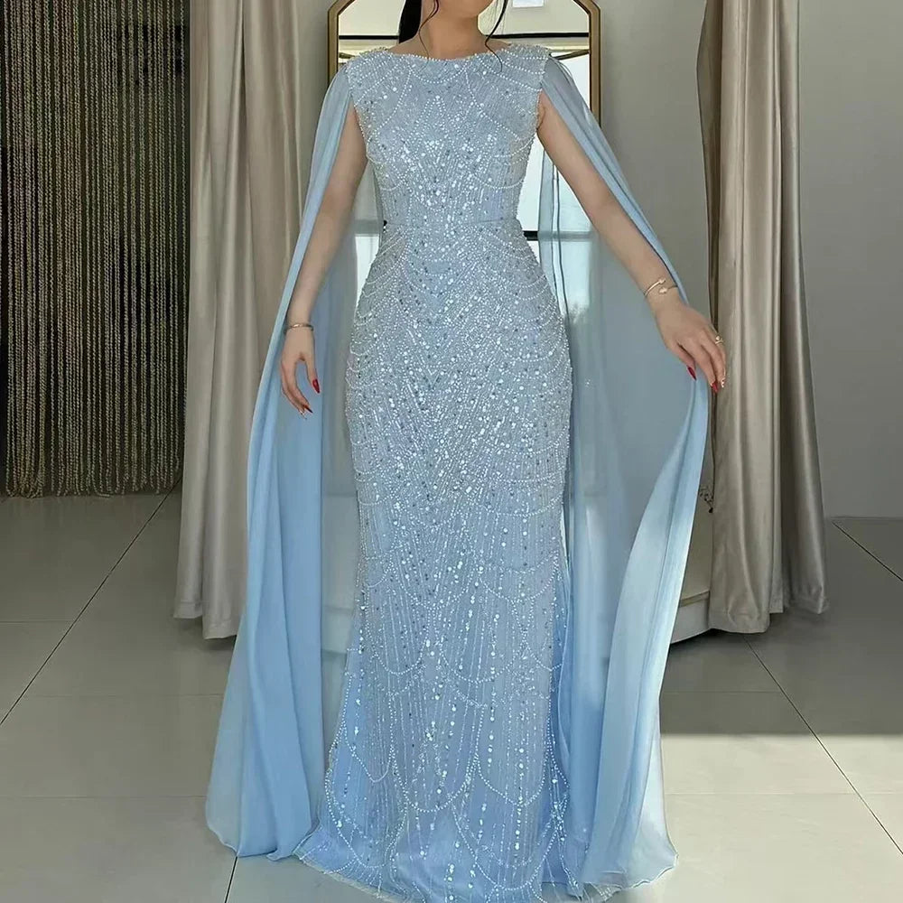 Elegant Dubai Sage Green Mermaid Evening Dress with Cape Sleeves Beaded Formal Gown Zapdress 2025 Customized DLA72160A (ZD17330)