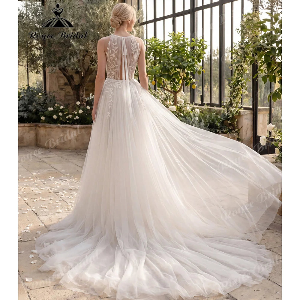 2027 Roycebridal Halter Neck Leaf Lace A Line Wedding Dress Keyhole Open Back Tied Soft Tulle Vestido De Novia Customized