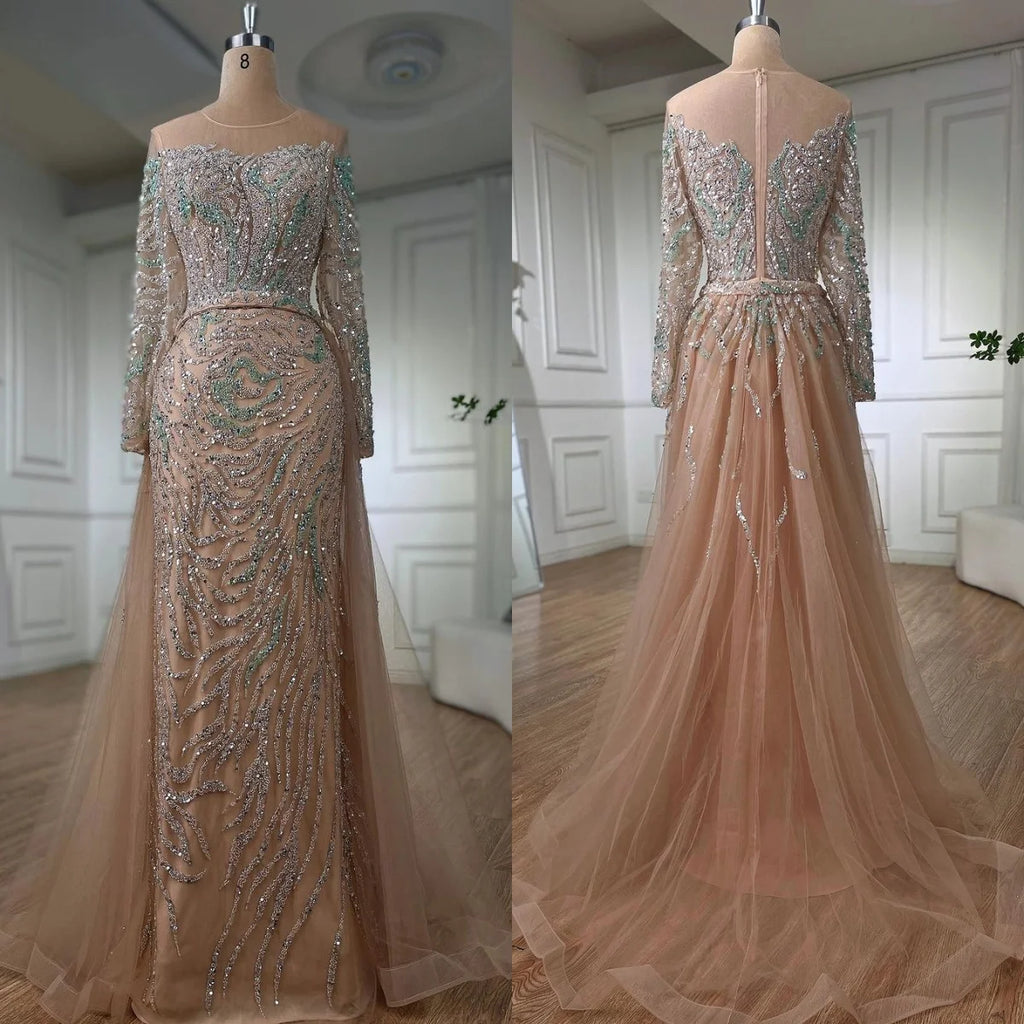 Zapdress Nude Mermaid Long Sleeve Evening Dress with Overskirt Luxury Beaded Wedding Party Gown for Women Customized (ZD17389)