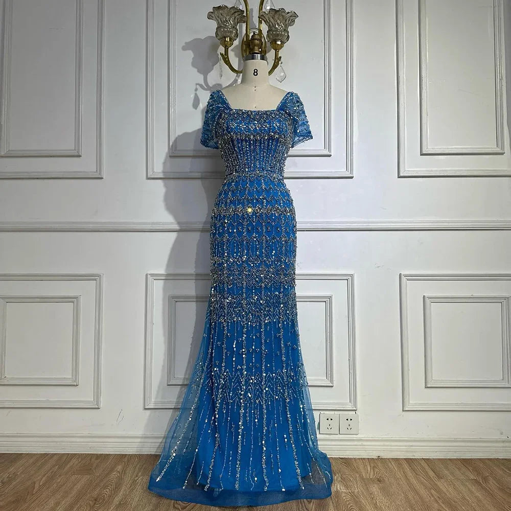 Zapdress Blue Mermaid Beaded Evening Dresses with Detachable Sleeves Elegant Party Gowns for Women DLA72714 Customized (ZD17361)