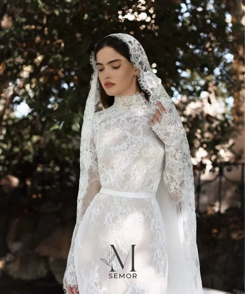 Semor Exquisite Lace High Neck Full Sleeve Wedding Dress Customized 2026 Trumpet Lace Applique Long Robe De Mariée Sweep Train