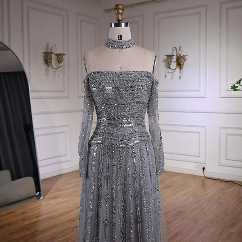 Luxury Caramel Off Shoulder Beaded Mermaid Evening Dress Long Sleeves LA73053