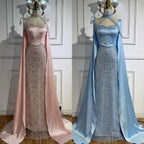 Zapdress DLA73051 Pearls Beaded Blue Mermaid Evening Dress with Cape 2025 Elagent Party Gowns for Women Customized (ZD17378)