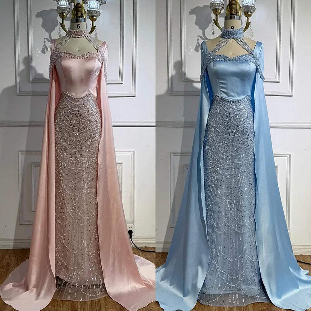 Zapdress DLA73051 Pearls Beaded Blue Mermaid Evening Dress with Cape 2025 Elagent Party Gowns for Women Customized (ZD17378)