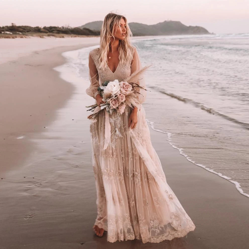 Customized Boho Lace Embroidered Long Sleeve Wedding Dress Deep V Neck and Flowy Lace Skirt for Beach Bridal Dress
