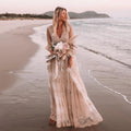 Customized Boho Lace Embroidered Long Sleeve Wedding Dress Deep V Neck and Flowy Lace Skirt for Beach Bridal Dress