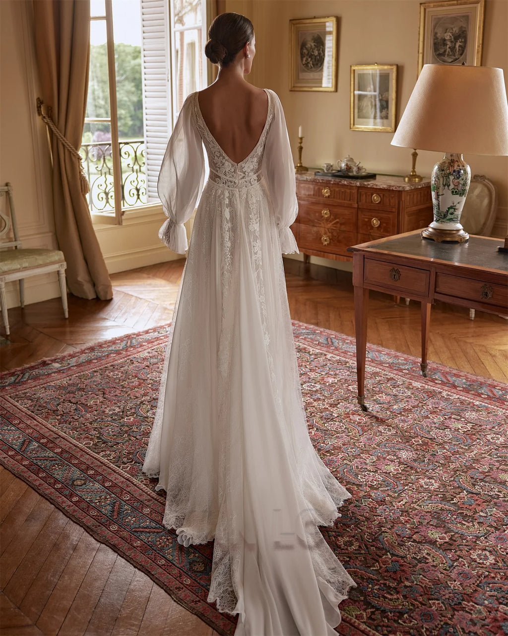 HERBURN Charming A-line Wedding Dresses for Women Bride Lace Appliques Illusion Puff Sleeves Backless Robe De Mariee Customized