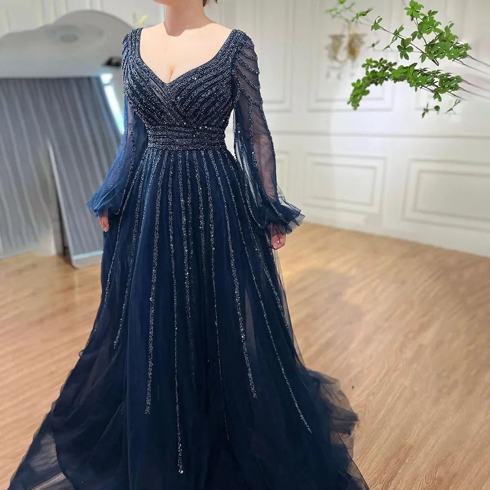 Zapdress Customized Navy Long Sleeves A-Line Beaded Arabic Evening Dresses Gowns 2024 For Women Wedding Party (ZD17328)