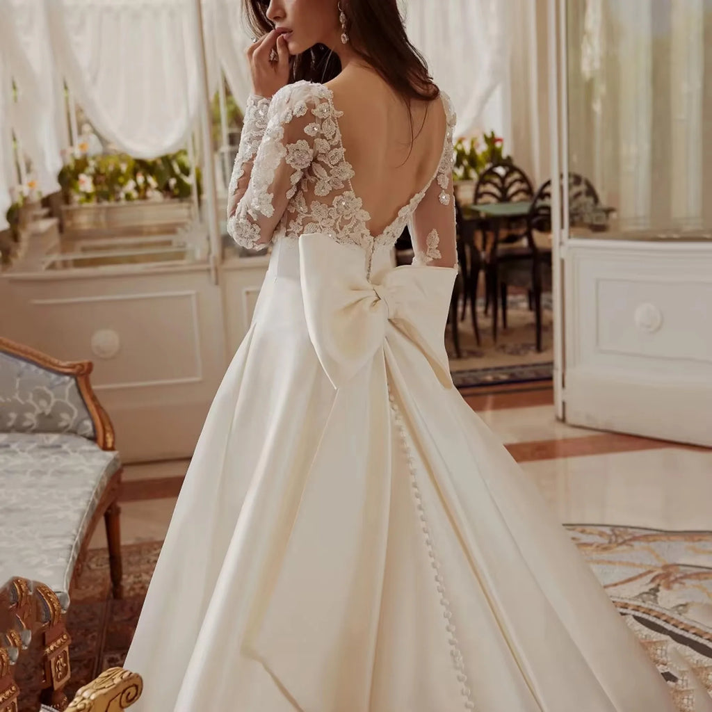 Elegant A-Line Sexy Wedding Dresses Long Sleeve Backless Bridal Dress Lace Bow Luxury Bride Gowns Vestido De Novia Customized