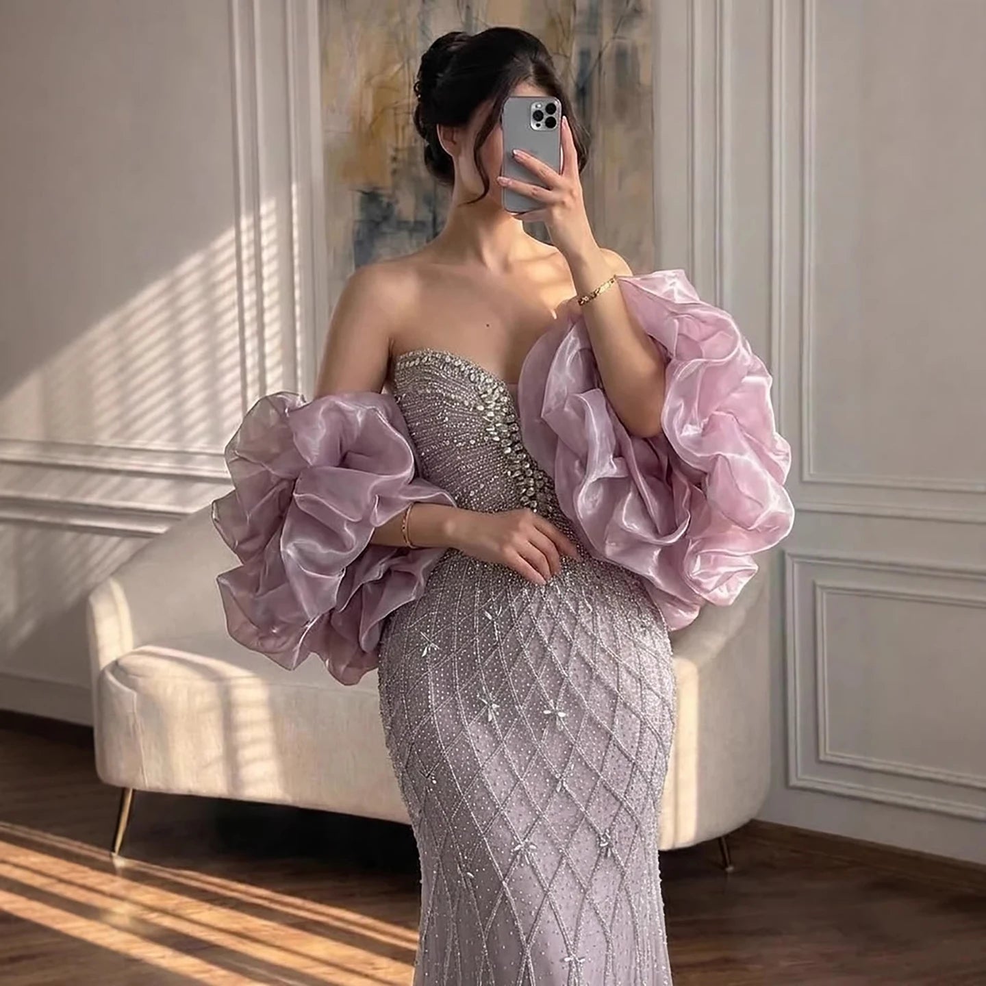 Zapdress 2026 Pink Strapless Mermaid Luxury Beaded Evening Dresses with Cape Formal Party Gowns Customized (ZD17318)