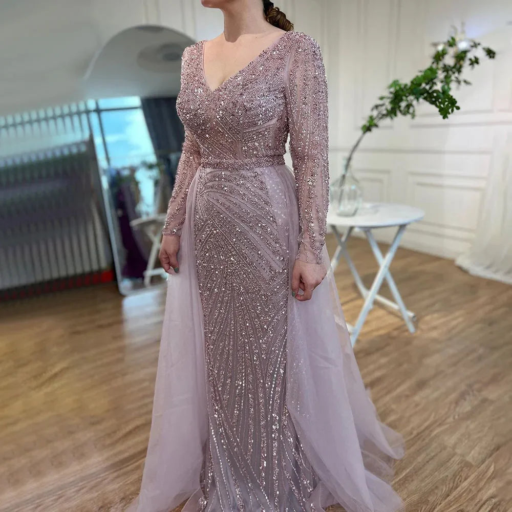 Serene Hill Customized Blue Grey V-Neck Mermaid Beaded Overskirt Evening Dresses Elegant Party Gowns For Women DLA71750