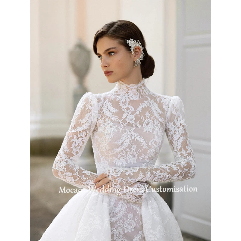 Mocaca Customized Luxury High Neck Lace Mermaid Wedding Dress Long Sleeve 2and1Detachable Train Bridal Gown Vestido De Novia