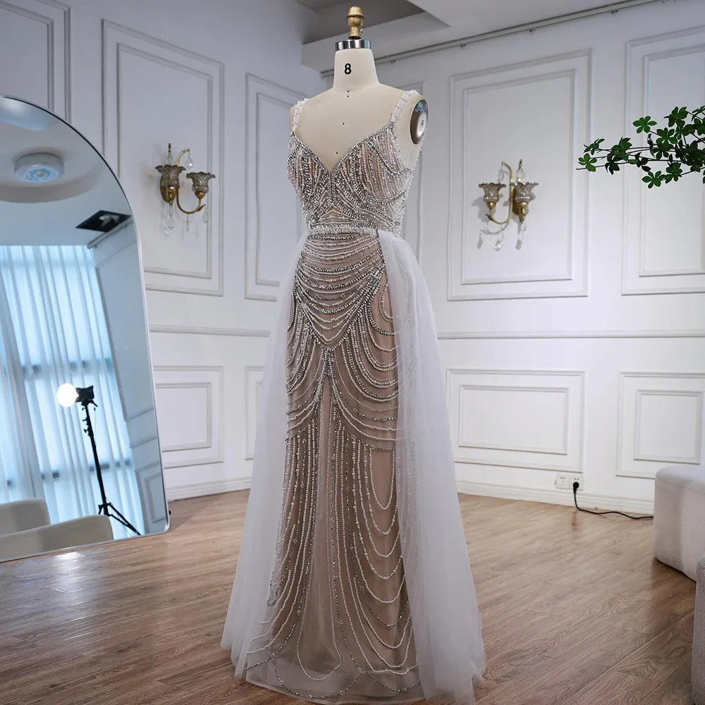 Zapdress White Nude V-neck Sleeveless Mermaid Beaded Evening Dress with Overskirt Wedding Party Gowns DLA72253A Customized (ZD17367)