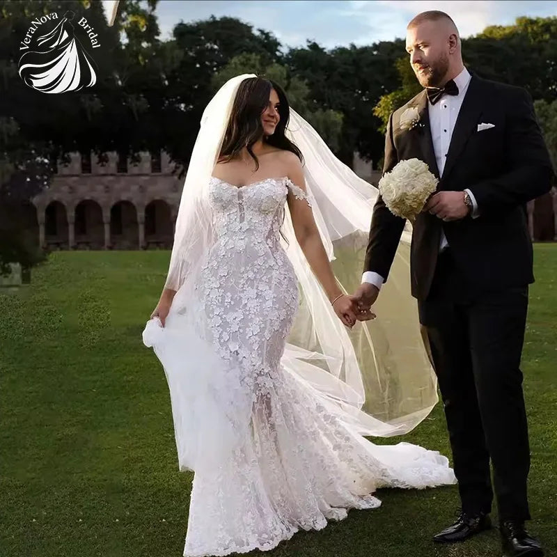 VeraNova Mermaid Wedding Dress Sweetheart Lace Appliques Flowers Bride Gown Elegant Beach Boho Bride Dress Sexy Customized