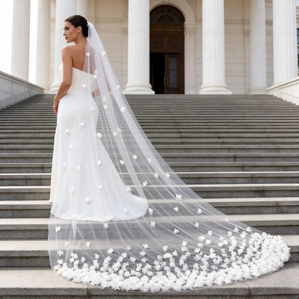 3D Tulle Flower Cathedral Bridal Veil Train Soft Tulle Wedding Veil with Comb White Ivory for Wedding Ceremony Photography G93