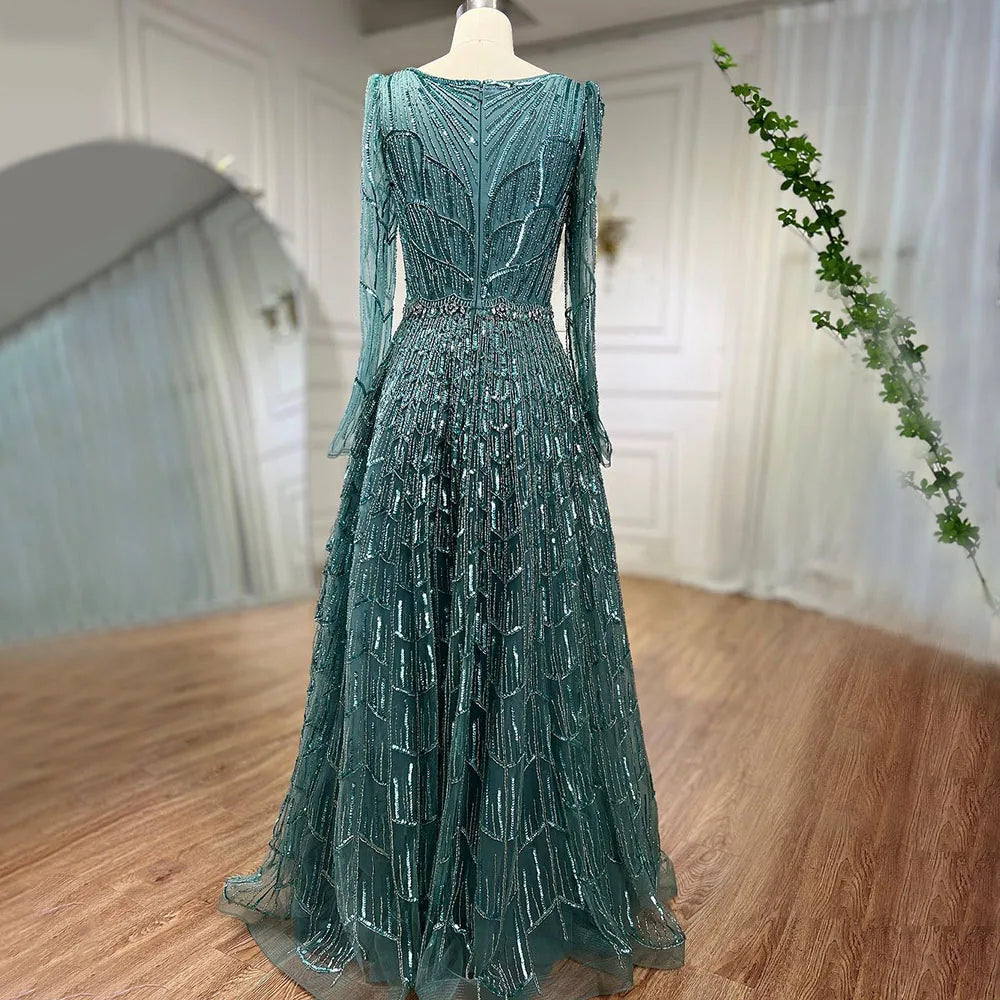Zapdress Customized Turquoise Muslim Long Sleeve A Line V-Neck Evening Dresses Beaded Party Gowns For Women 2025 (ZD17333)