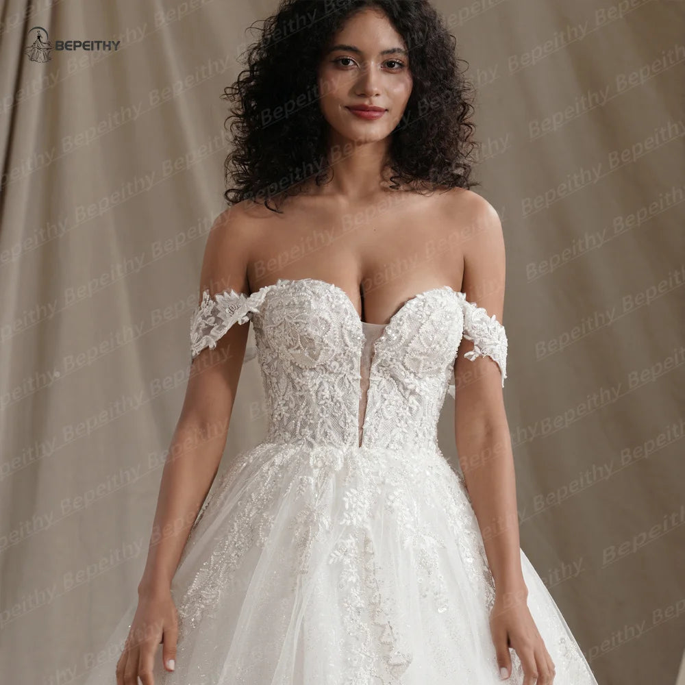 BEPEITHY Customized Plus Size Glitter Princess Wedding Dresses For Women 2026 Off Shoulder Ivory Bride Sleeveless Bridal Gown