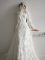 Customized Luxury Long Sleeve Wedding Dress Lace Appliques A-line Chapel Train Brides Dress for Wedding
