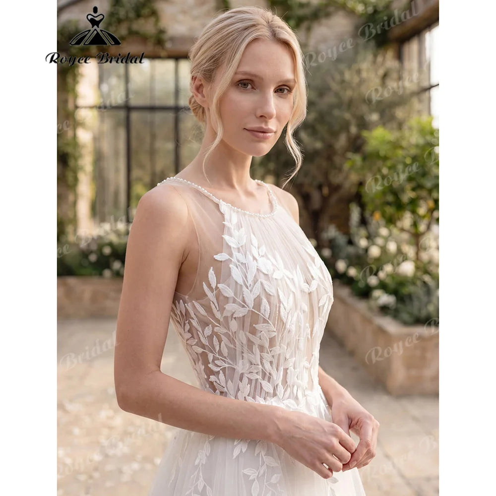 2027 Roycebridal Halter Neck Leaf Lace A Line Wedding Dress Keyhole Open Back Tied Soft Tulle Vestido De Novia Customized