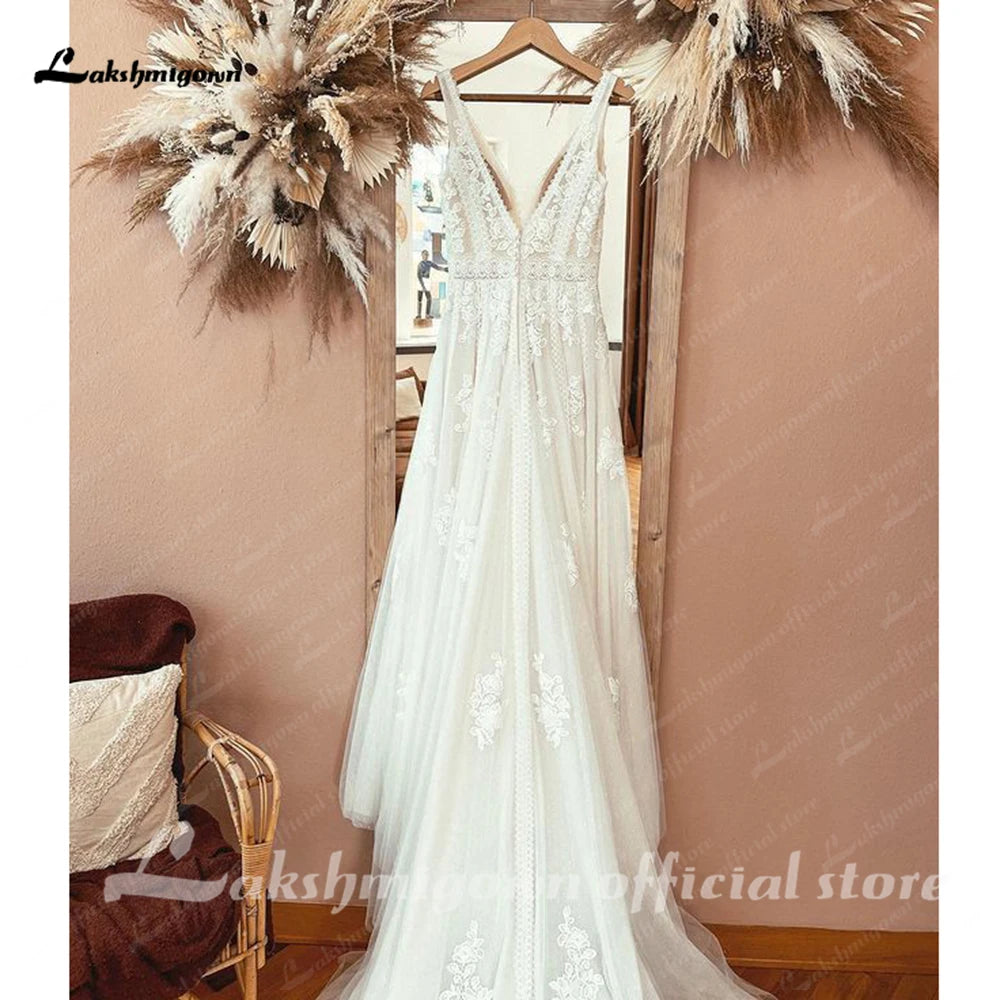 ZapDress Boho Lace Applique Elegant Plunging V Modest Wedding Dress Women Beach Robe De Mariage Bride Gowns