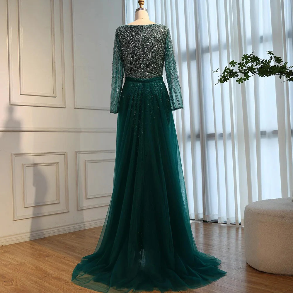 Zapdress Green Square Collar Long Sleeve Mermaid Pearls Beaded Evening Party Gown Overskirt Dress DLA72032N Customized (ZD17342)