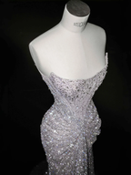 Sparkly Lilac Tulle Beaded Prom Dress Strapless Mermaid Evening Dress Y8664