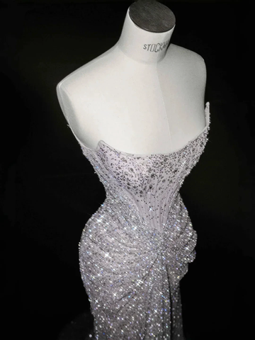 Sparkly Lilac Tulle Beaded Prom Dress Strapless Mermaid Evening Dress Y8664 by simplepromdress